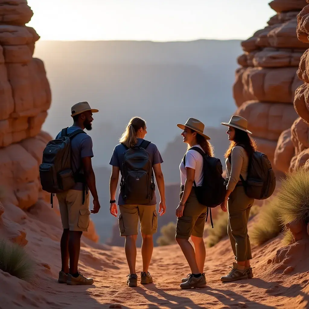 Солнечный закат над каньоном, окрашивающий скалы в оранжевые и красные тона.