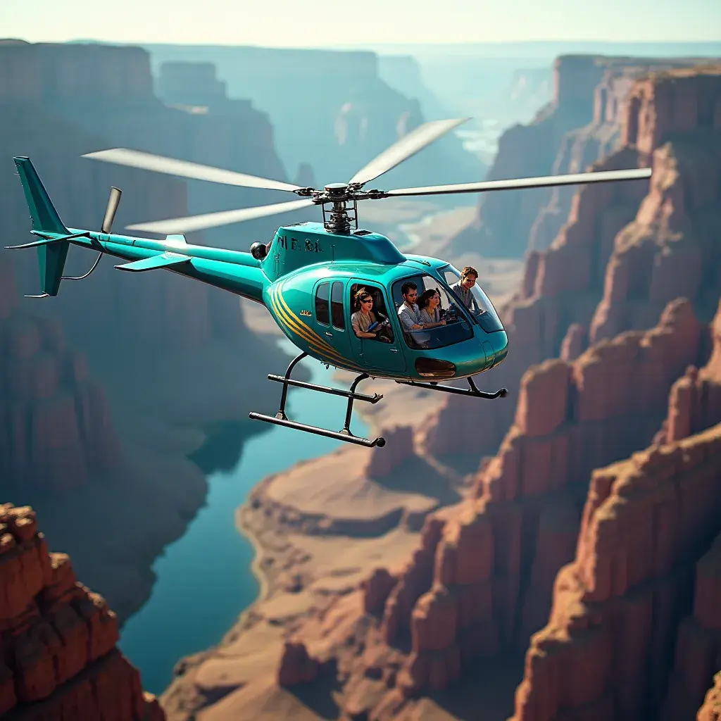 Групповая поездка на геликоптере с радостными туристами внутри.